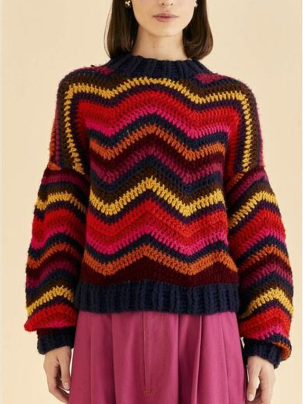 NWOT Farm Rio Women's Colorful Waves Crochet High Neck Sweater, Sz Medium